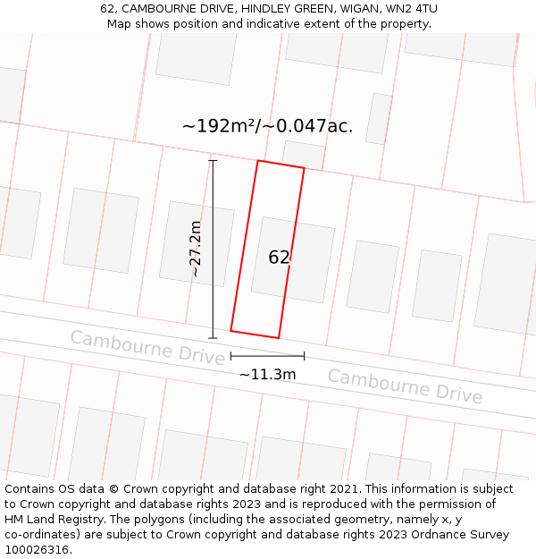 62, CAMBOURNE DRIVE, HINDLEY GREEN, WIGAN, WN2 4TU: Plot and title map