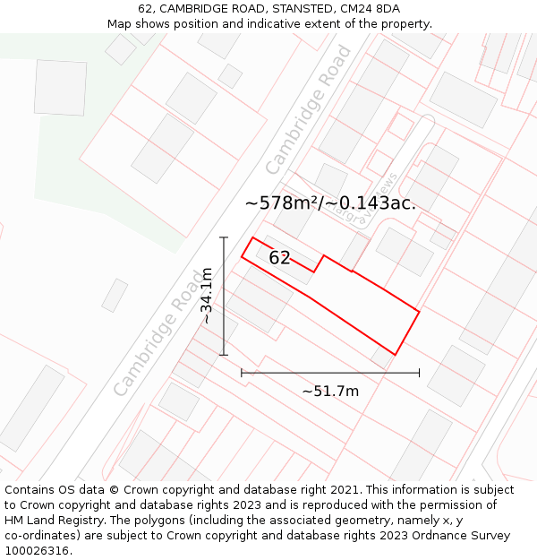 62, CAMBRIDGE ROAD, STANSTED, CM24 8DA: Plot and title map