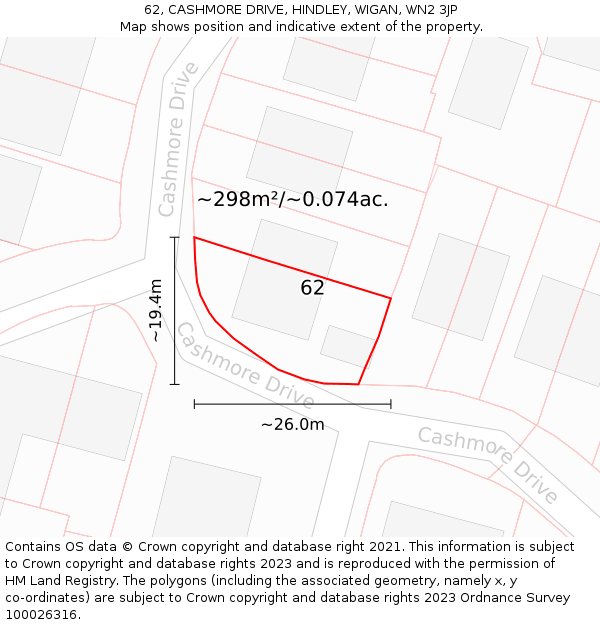 62, CASHMORE DRIVE, HINDLEY, WIGAN, WN2 3JP: Plot and title map