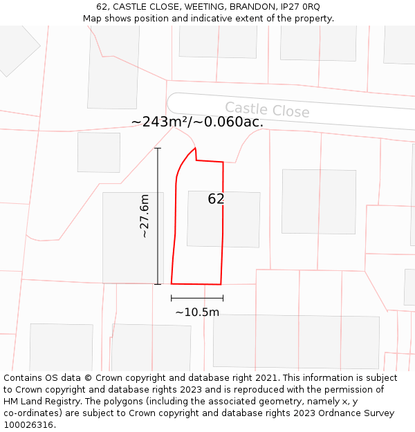 62, CASTLE CLOSE, WEETING, BRANDON, IP27 0RQ: Plot and title map