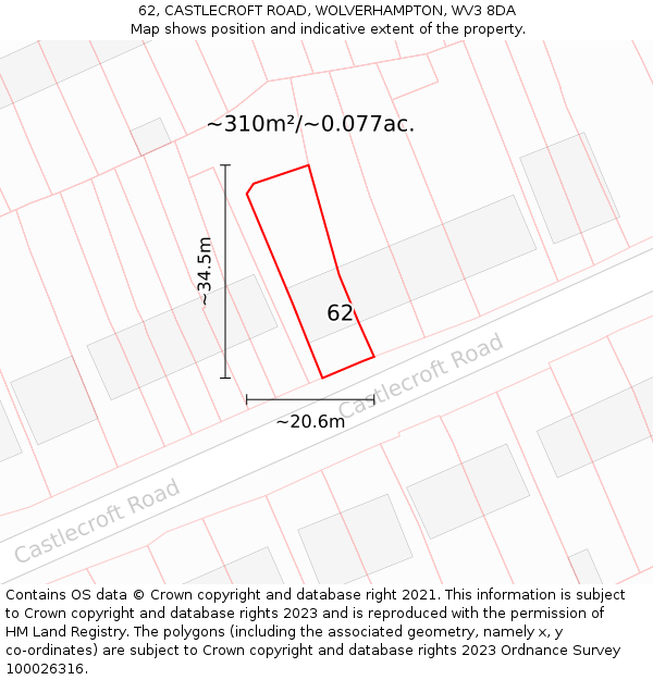 62, CASTLECROFT ROAD, WOLVERHAMPTON, WV3 8DA: Plot and title map