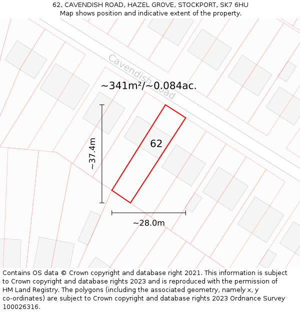 62, CAVENDISH ROAD, HAZEL GROVE, STOCKPORT, SK7 6HU: Plot and title map