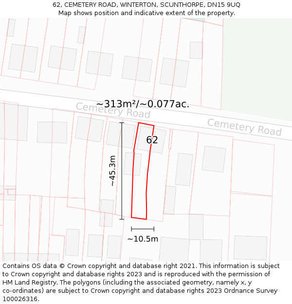 62, CEMETERY ROAD, WINTERTON, SCUNTHORPE, DN15 9UQ: Plot and title map