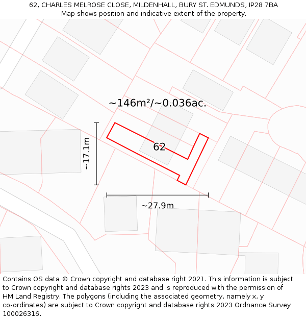 62, CHARLES MELROSE CLOSE, MILDENHALL, BURY ST. EDMUNDS, IP28 7BA: Plot and title map