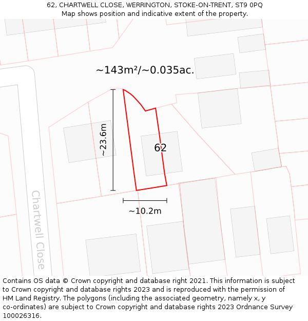 62, CHARTWELL CLOSE, WERRINGTON, STOKE-ON-TRENT, ST9 0PQ: Plot and title map
