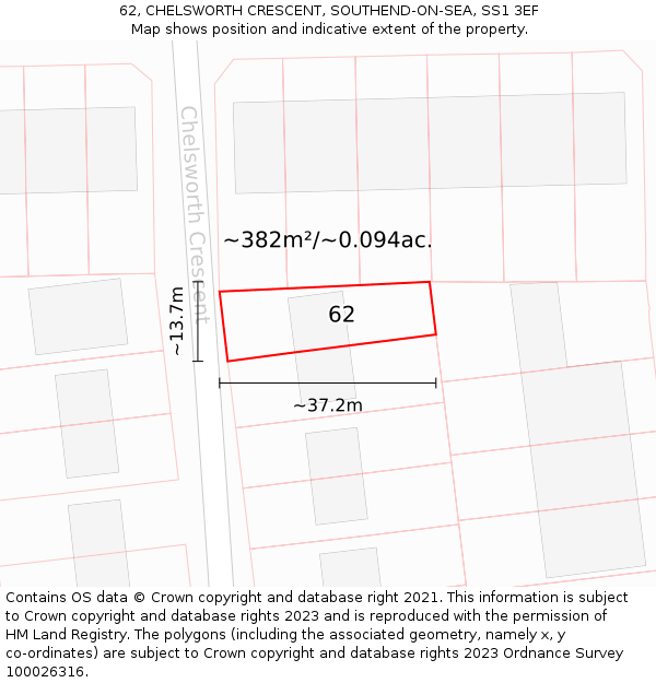 62, CHELSWORTH CRESCENT, SOUTHEND-ON-SEA, SS1 3EF: Plot and title map