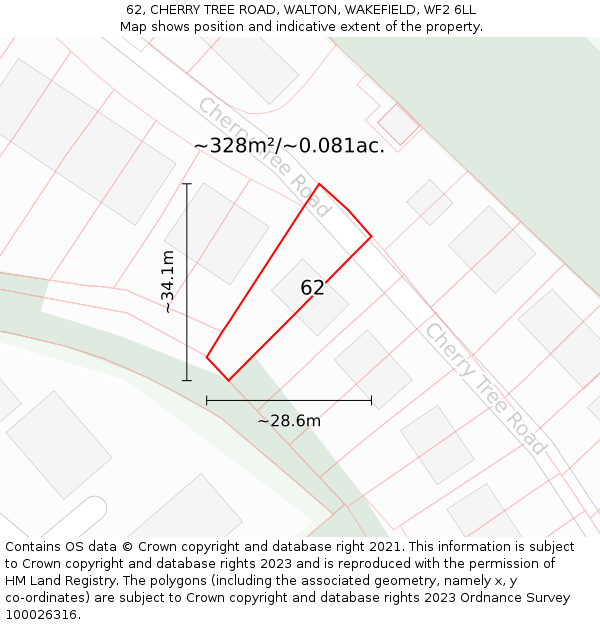 62, CHERRY TREE ROAD, WALTON, WAKEFIELD, WF2 6LL: Plot and title map