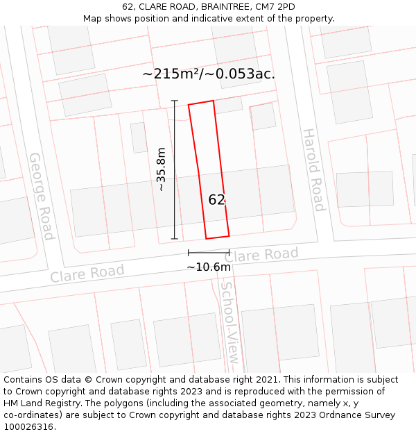 62, CLARE ROAD, BRAINTREE, CM7 2PD: Plot and title map