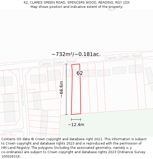 62, CLARES GREEN ROAD, SPENCERS WOOD, READING, RG7 1DX: Plot and title map