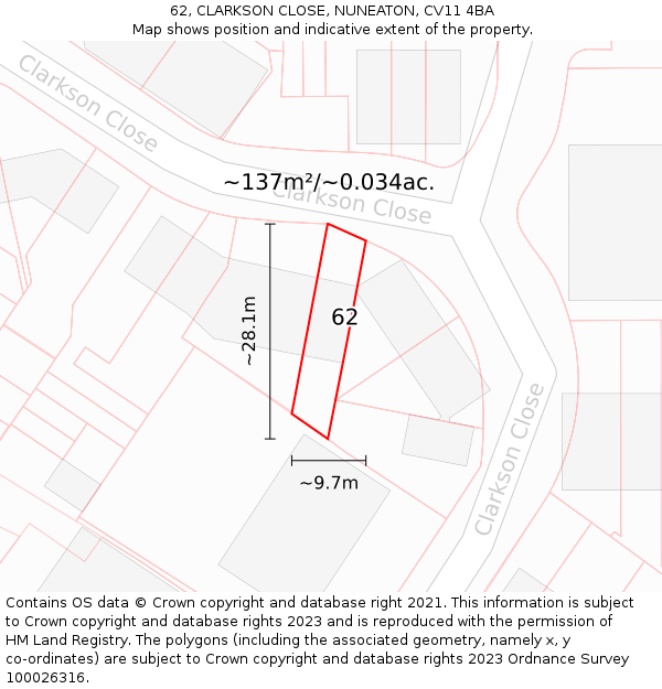 62, CLARKSON CLOSE, NUNEATON, CV11 4BA: Plot and title map