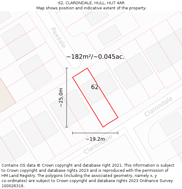 62, CLARONDALE, HULL, HU7 4AR: Plot and title map