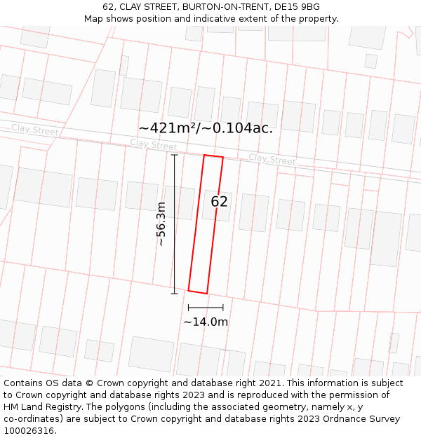 62, CLAY STREET, BURTON-ON-TRENT, DE15 9BG: Plot and title map