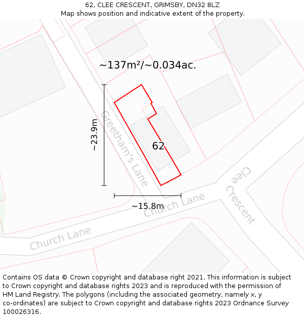 62, CLEE CRESCENT, GRIMSBY, DN32 8LZ: Plot and title map