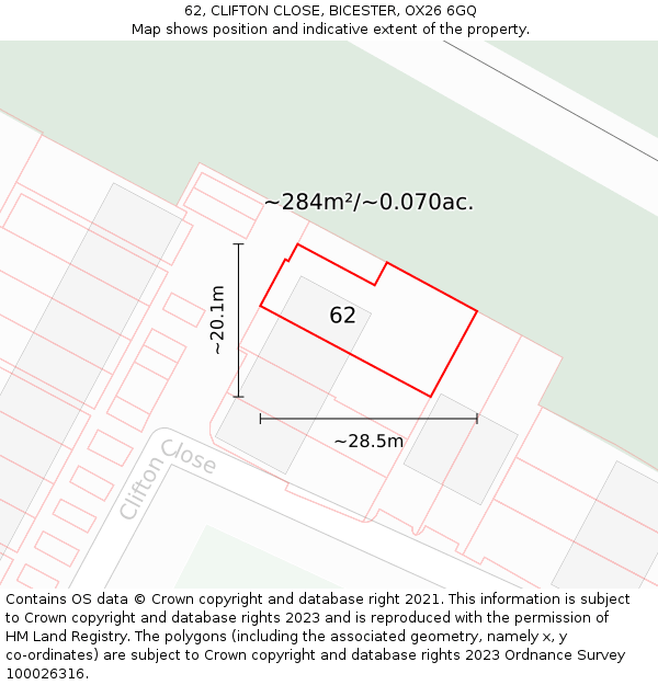 62, CLIFTON CLOSE, BICESTER, OX26 6GQ: Plot and title map