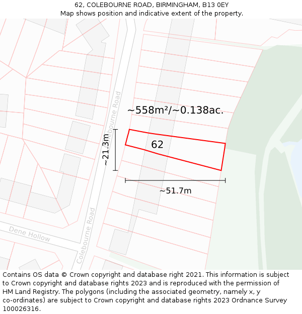 62, COLEBOURNE ROAD, BIRMINGHAM, B13 0EY: Plot and title map