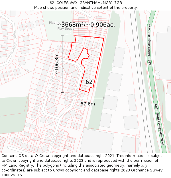 62, COLES WAY, GRANTHAM, NG31 7GB: Plot and title map