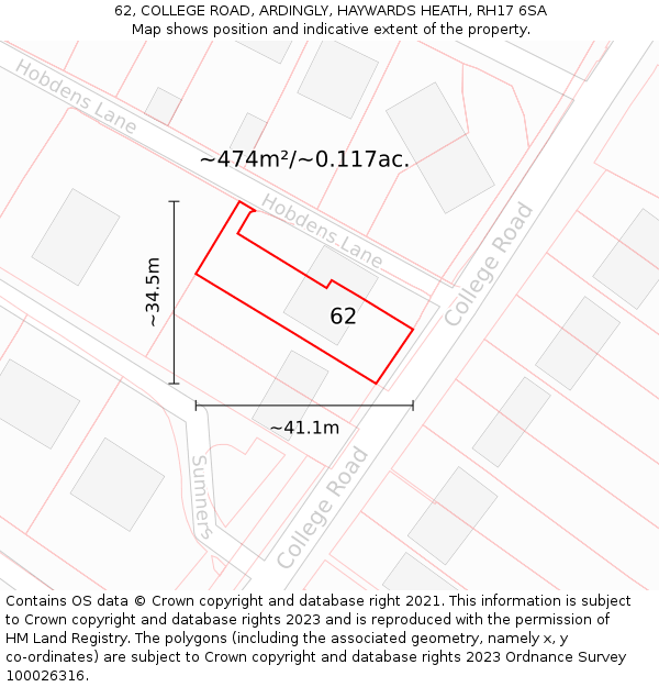 62, COLLEGE ROAD, ARDINGLY, HAYWARDS HEATH, RH17 6SA: Plot and title map