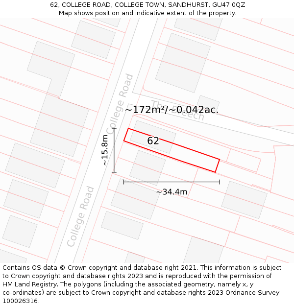 62, COLLEGE ROAD, COLLEGE TOWN, SANDHURST, GU47 0QZ: Plot and title map