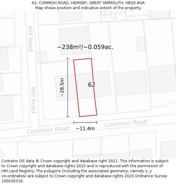 62, COMMON ROAD, HEMSBY, GREAT YARMOUTH, NR29 4NA: Plot and title map