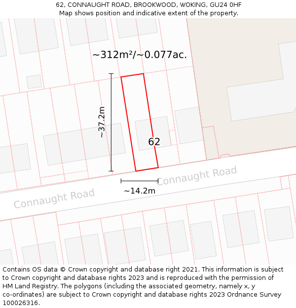 62, CONNAUGHT ROAD, BROOKWOOD, WOKING, GU24 0HF: Plot and title map