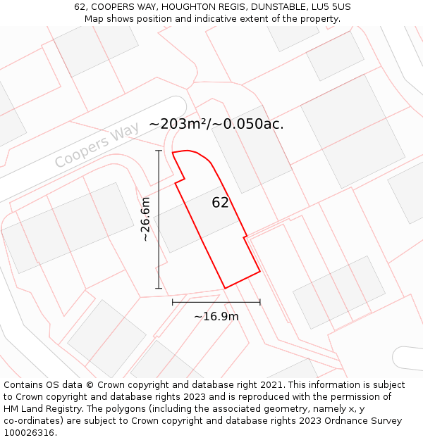 62, COOPERS WAY, HOUGHTON REGIS, DUNSTABLE, LU5 5US: Plot and title map