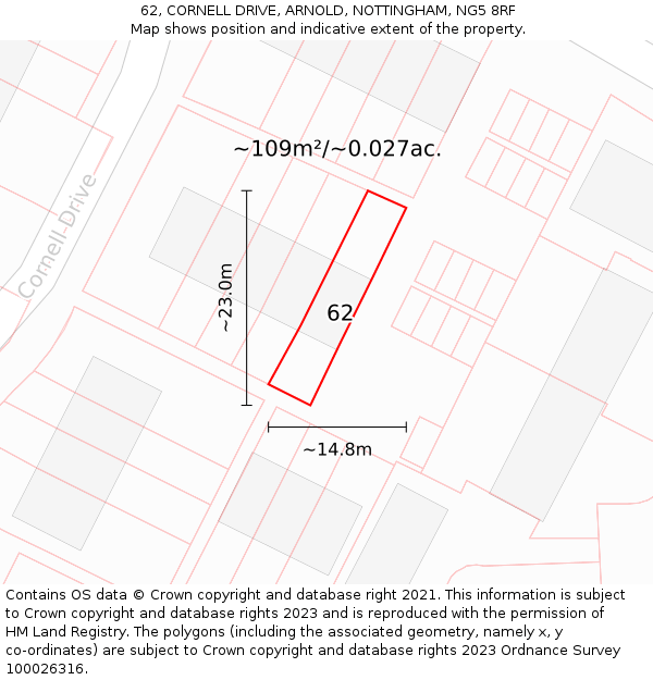 62, CORNELL DRIVE, ARNOLD, NOTTINGHAM, NG5 8RF: Plot and title map