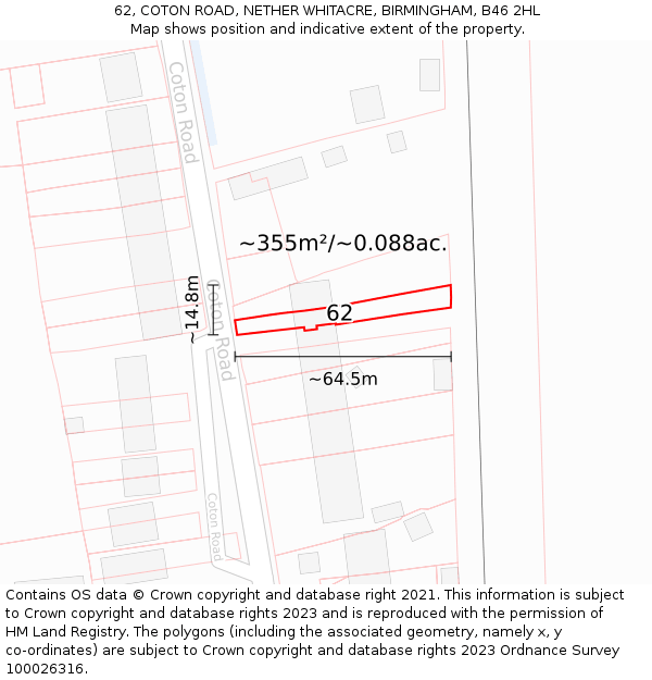 62, COTON ROAD, NETHER WHITACRE, BIRMINGHAM, B46 2HL: Plot and title map