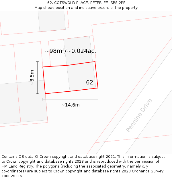 62, COTSWOLD PLACE, PETERLEE, SR8 2PE: Plot and title map