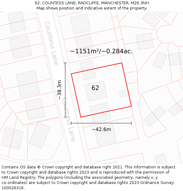 62, COUNTESS LANE, RADCLIFFE, MANCHESTER, M26 3NH: Plot and title map