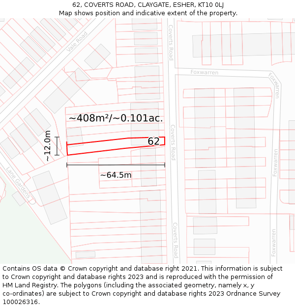 62, COVERTS ROAD, CLAYGATE, ESHER, KT10 0LJ: Plot and title map