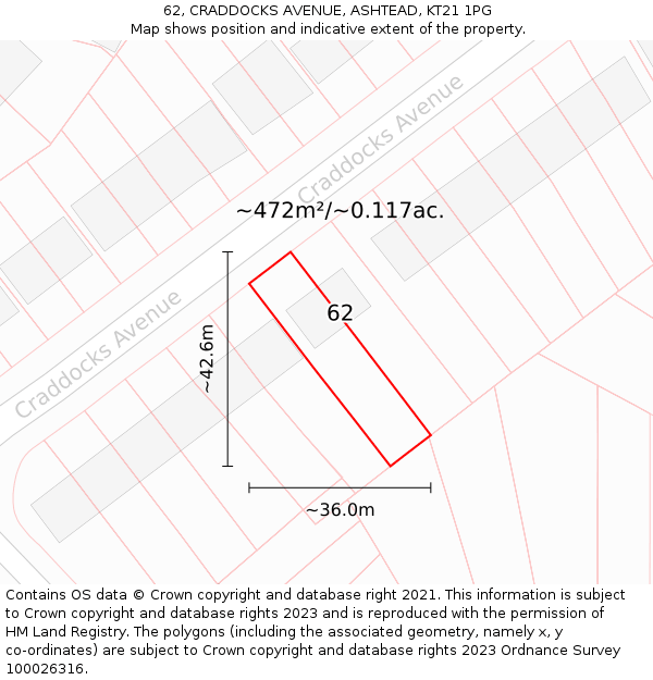 62, CRADDOCKS AVENUE, ASHTEAD, KT21 1PG: Plot and title map