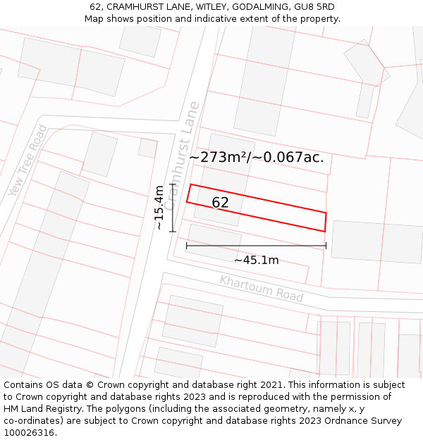 62, CRAMHURST LANE, WITLEY, GODALMING, GU8 5RD: Plot and title map