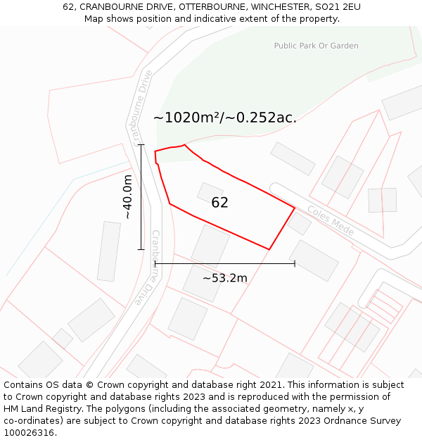 62, CRANBOURNE DRIVE, OTTERBOURNE, WINCHESTER, SO21 2EU: Plot and title map
