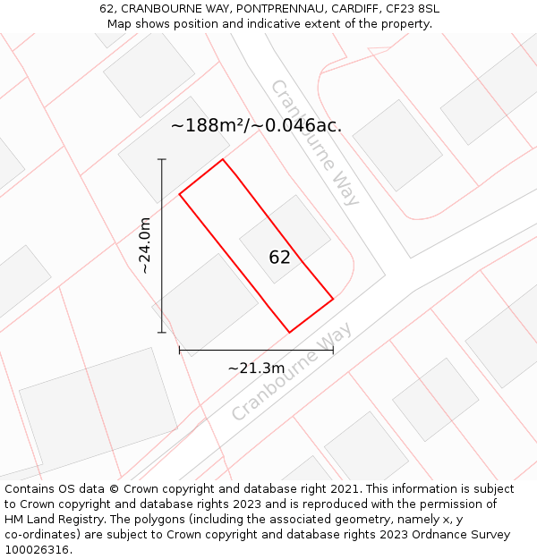 62, CRANBOURNE WAY, PONTPRENNAU, CARDIFF, CF23 8SL: Plot and title map