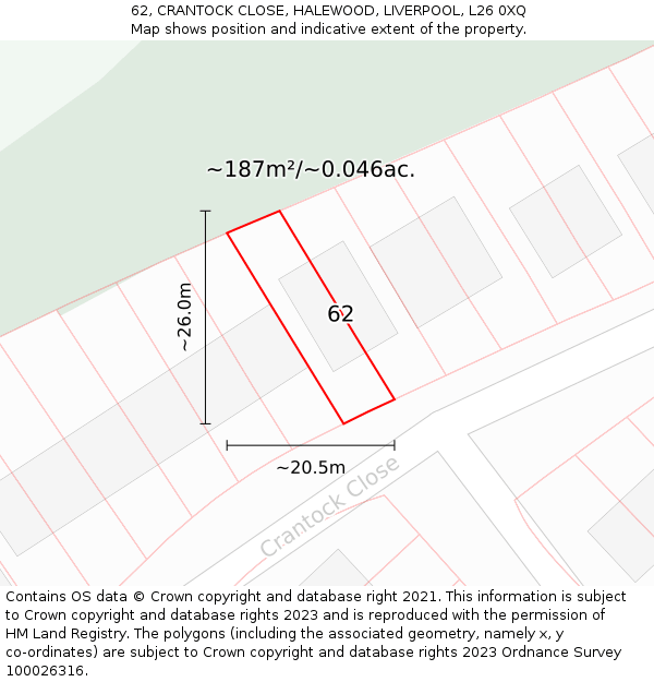62, CRANTOCK CLOSE, HALEWOOD, LIVERPOOL, L26 0XQ: Plot and title map