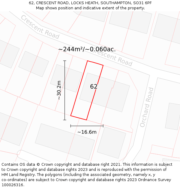 62, CRESCENT ROAD, LOCKS HEATH, SOUTHAMPTON, SO31 6PF: Plot and title map