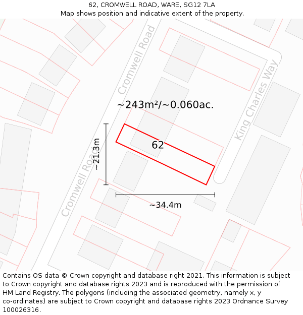 62, CROMWELL ROAD, WARE, SG12 7LA: Plot and title map
