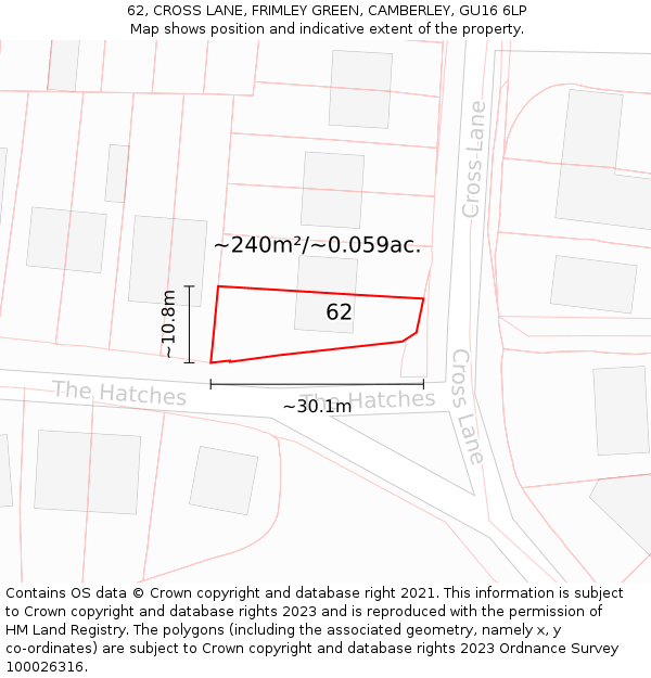 62, CROSS LANE, FRIMLEY GREEN, CAMBERLEY, GU16 6LP: Plot and title map