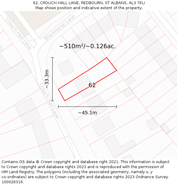 62, CROUCH HALL LANE, REDBOURN, ST ALBANS, AL3 7EU: Plot and title map