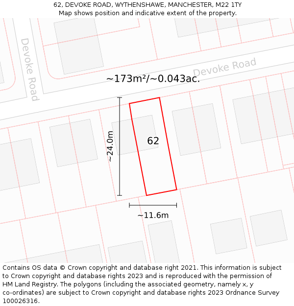 62, DEVOKE ROAD, WYTHENSHAWE, MANCHESTER, M22 1TY: Plot and title map