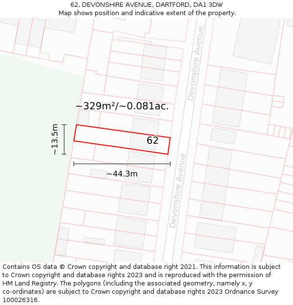 62, DEVONSHIRE AVENUE, DARTFORD, DA1 3DW: Plot and title map