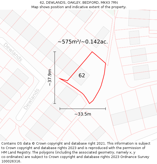 62, DEWLANDS, OAKLEY, BEDFORD, MK43 7RN: Plot and title map