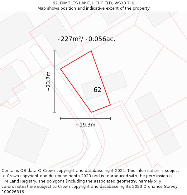 62, DIMBLES LANE, LICHFIELD, WS13 7HL: Plot and title map