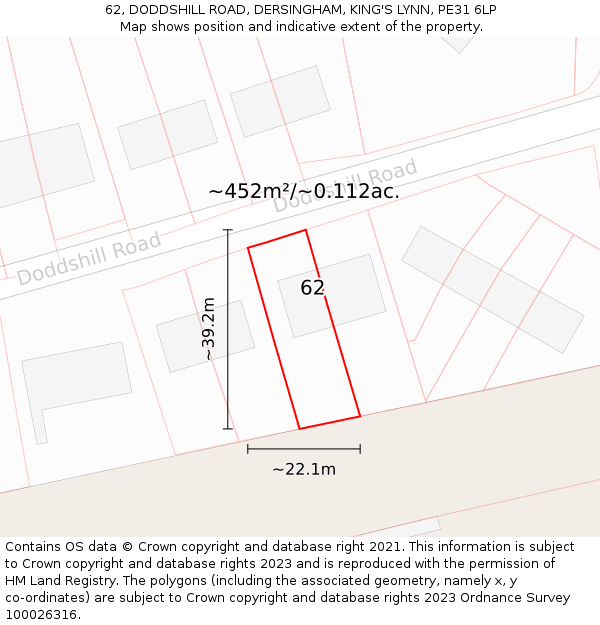 62, DODDSHILL ROAD, DERSINGHAM, KING'S LYNN, PE31 6LP: Plot and title map