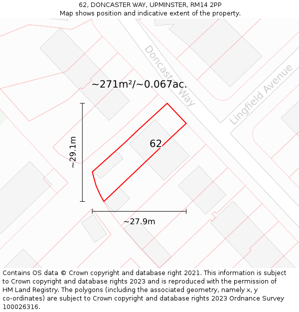 62, DONCASTER WAY, UPMINSTER, RM14 2PP: Plot and title map