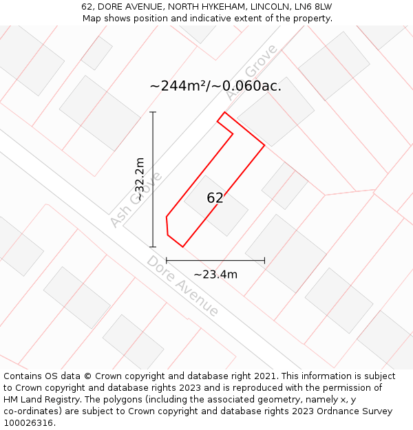 62, DORE AVENUE, NORTH HYKEHAM, LINCOLN, LN6 8LW: Plot and title map