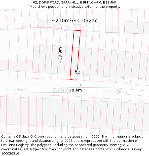62, DORIS ROAD, SPARKHILL, BIRMINGHAM, B11 4NF: Plot and title map