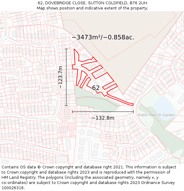 62, DOVEBRIDGE CLOSE, SUTTON COLDFIELD, B76 2UH: Plot and title map