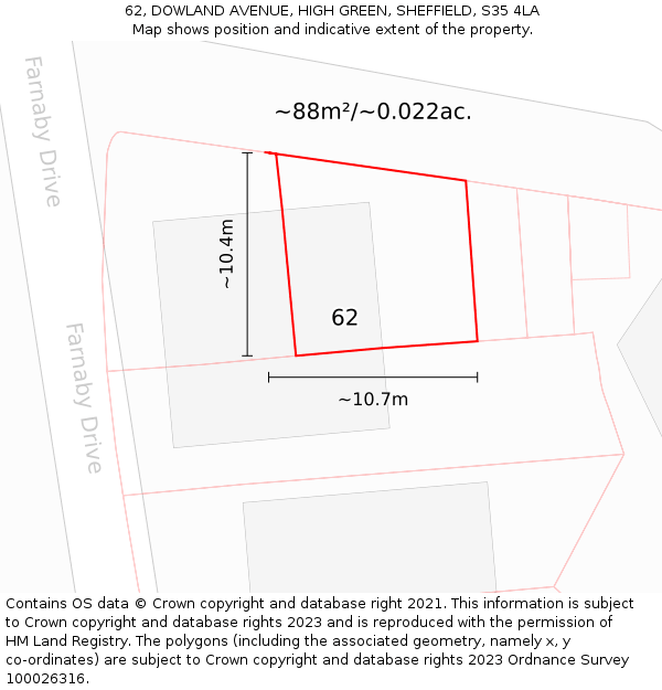 62, DOWLAND AVENUE, HIGH GREEN, SHEFFIELD, S35 4LA: Plot and title map