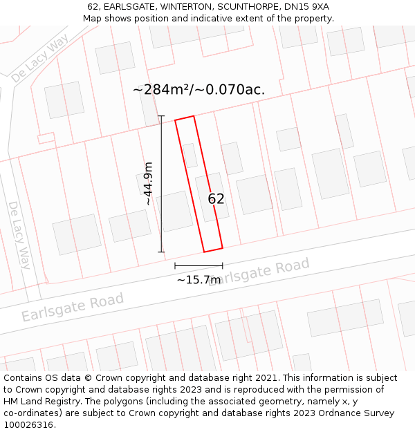 62, EARLSGATE, WINTERTON, SCUNTHORPE, DN15 9XA: Plot and title map